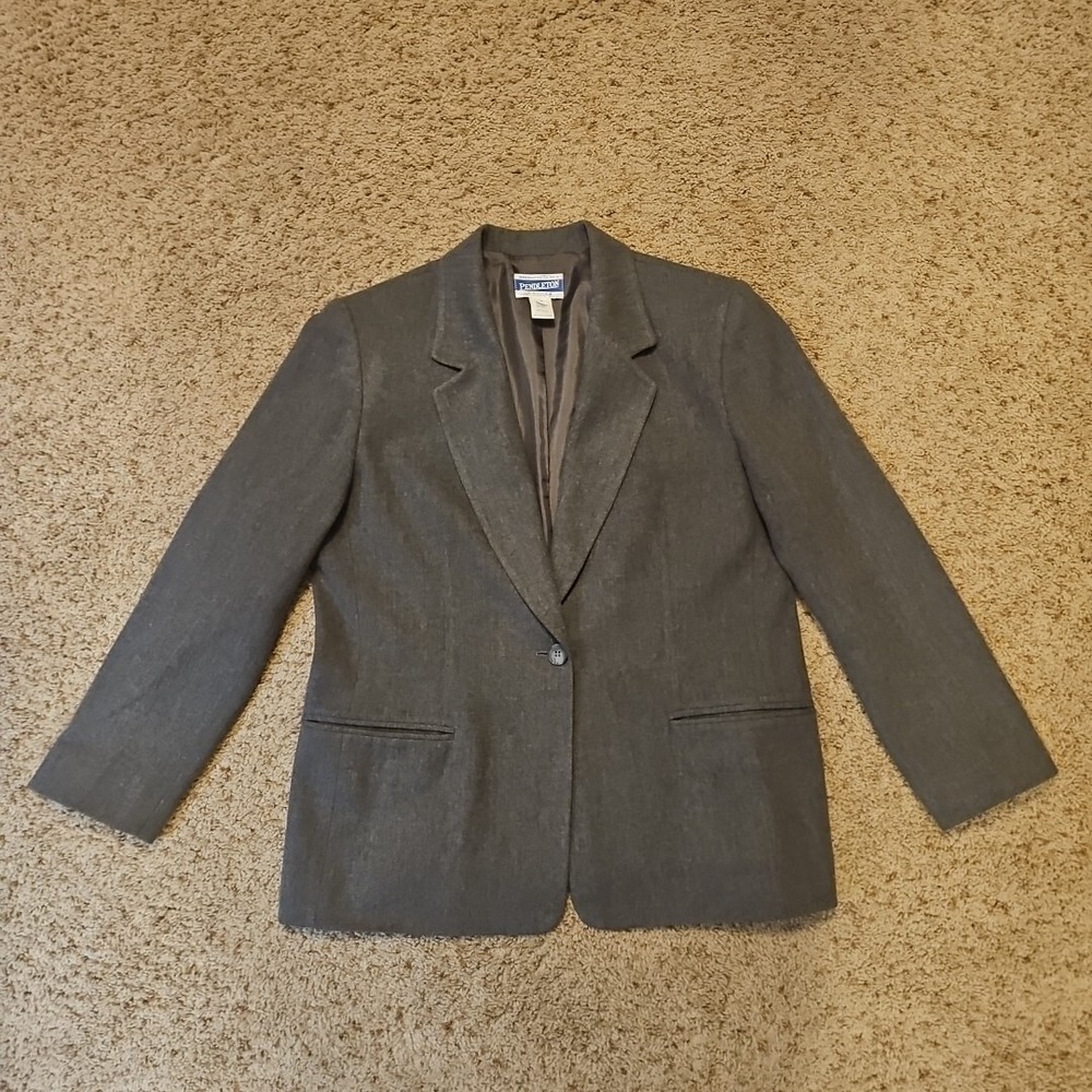 Vintage Pendleton Blazer Womens 12 Petite 100% Wool One‎ Button Gray